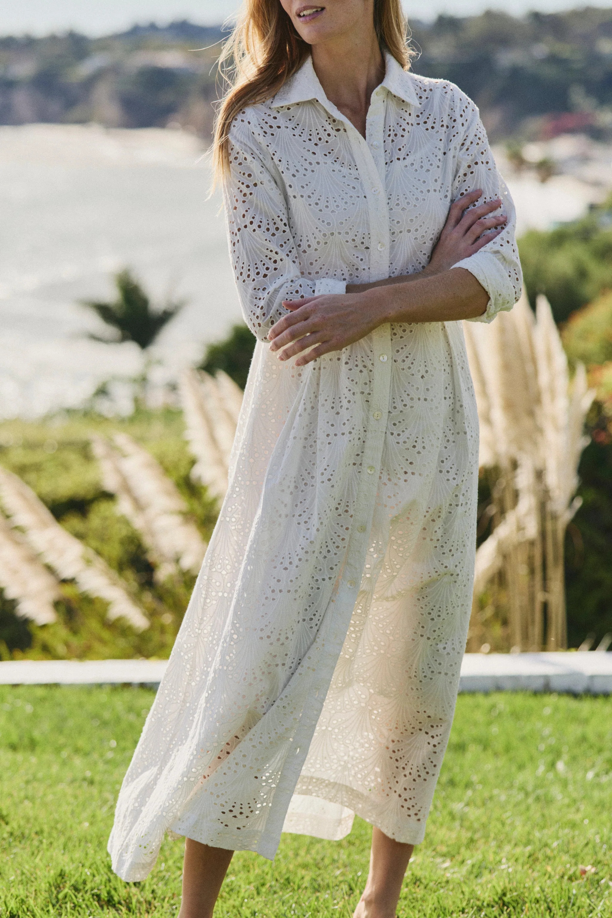 Birdie Eyelet Long Dress in White Eyelet | Hermoza