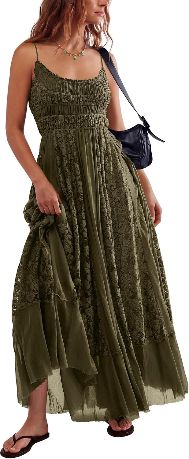 Gacaky Summer Dress for Women Casual Lace Floral Embroidered Bohemian Maxi Dress Flowy A Line Beach Long Dresses | Amazon (US)
