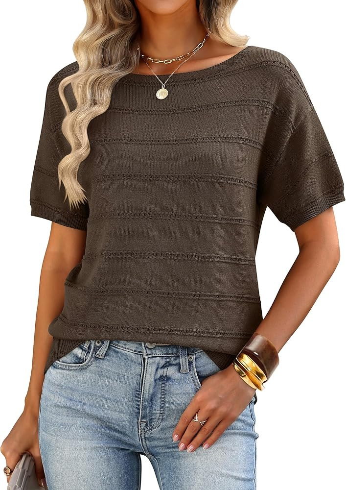 ANRABESS Womens Short Sleeve Sweater Crochet Boat Neck Lightweight Business Casual Tops 2026 Summ... | Amazon (US)