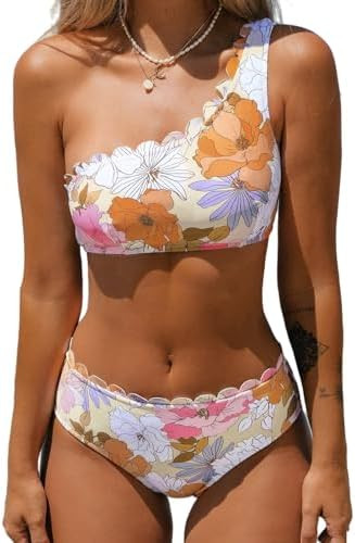 CUPSHE Women's Bikini Sets Two Piece Bathing Suit One Shoulder Scalloped Wide Strap Back Hook | Amazon (US)