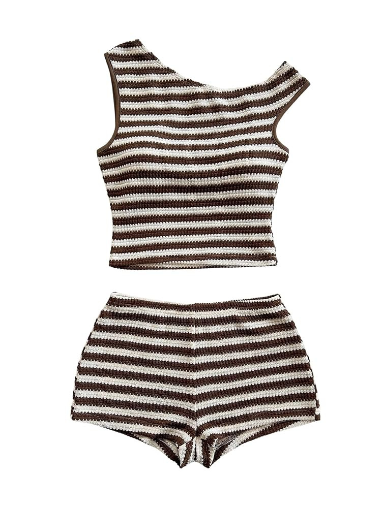 Verdusa Women's 2 Piece Striped Outfits Off The Shoulder Crop Tops and Mini Shorts Set | Amazon (US)
