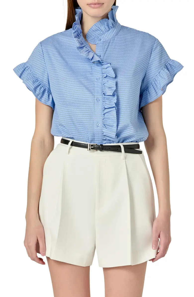 Microprint Ruffle Detail Cotton Button-Up Shirt | Nordstrom