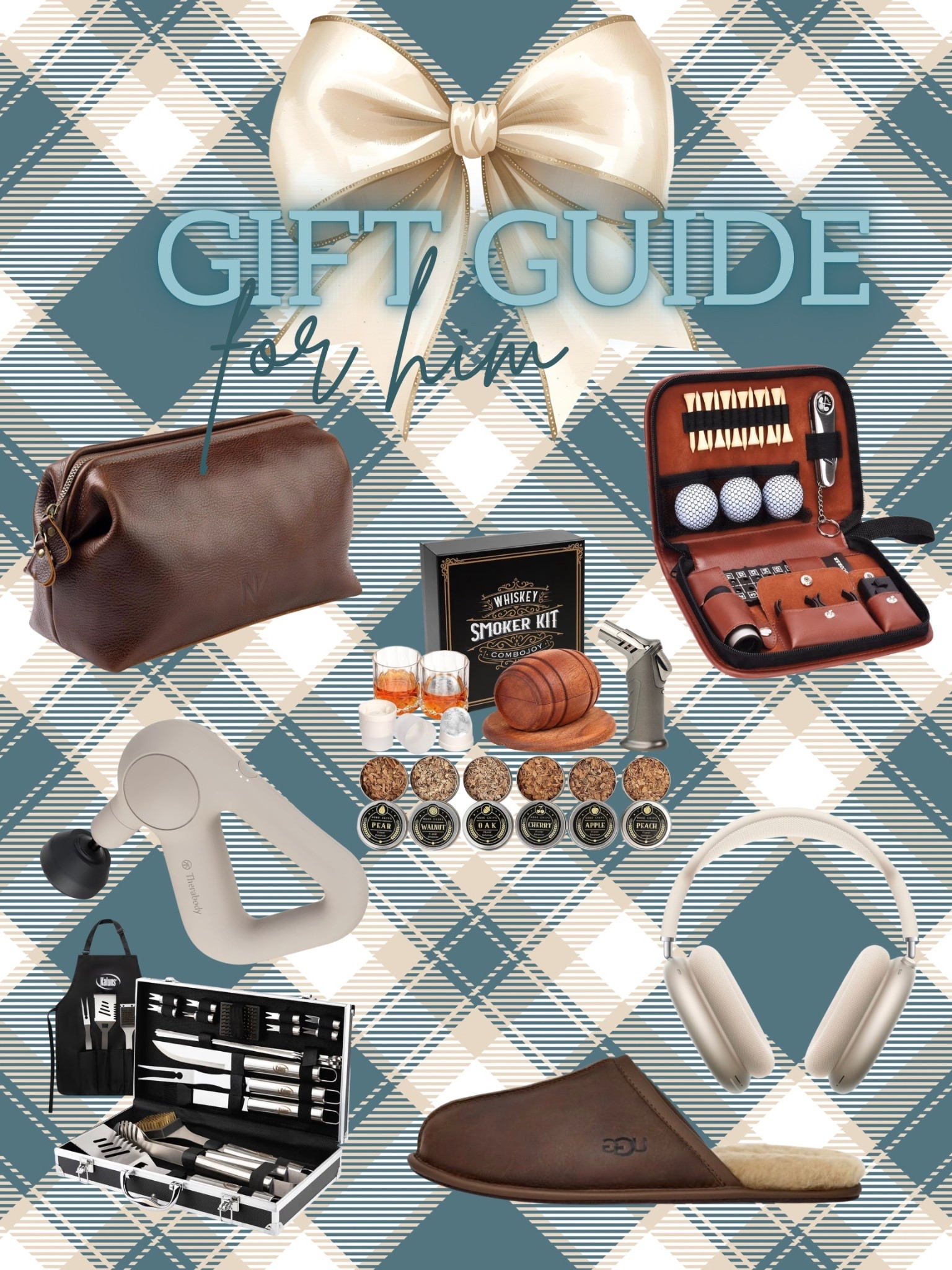 Trendy gifts for him. Leather toiletry bag. Golf accessories kit. Grilling accessories kit. Whiskey smoke kit. Apple AirPod Max. TheraGun. UGGs. 

#LTKSaleAlert #LTKGiftGuide #LTKCyberWeek