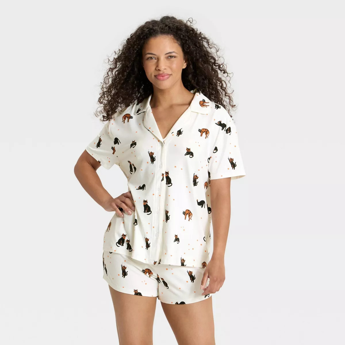 Women's Halloween Cats Short Sleeve Notch Collar Shirt and Shorts Pajama Set - Hyde and EEK! Bout... | Target