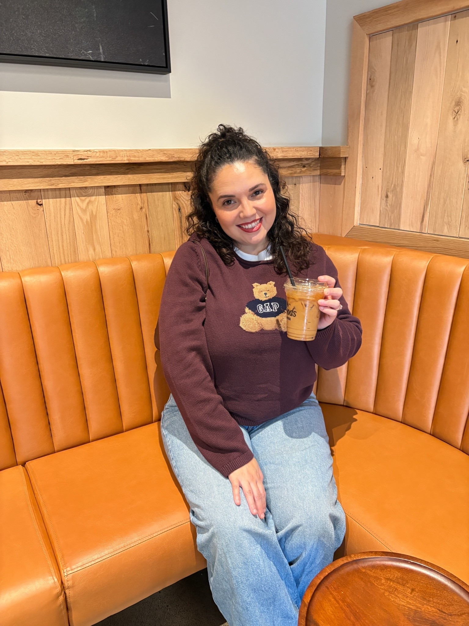 Gap teddy bear sweater outfit 🧸 Cozy burgundy knit with wide leg jeans, perfect coffee date fall outfit. Size XL #gapfinds #fallfashion #midsizestyle