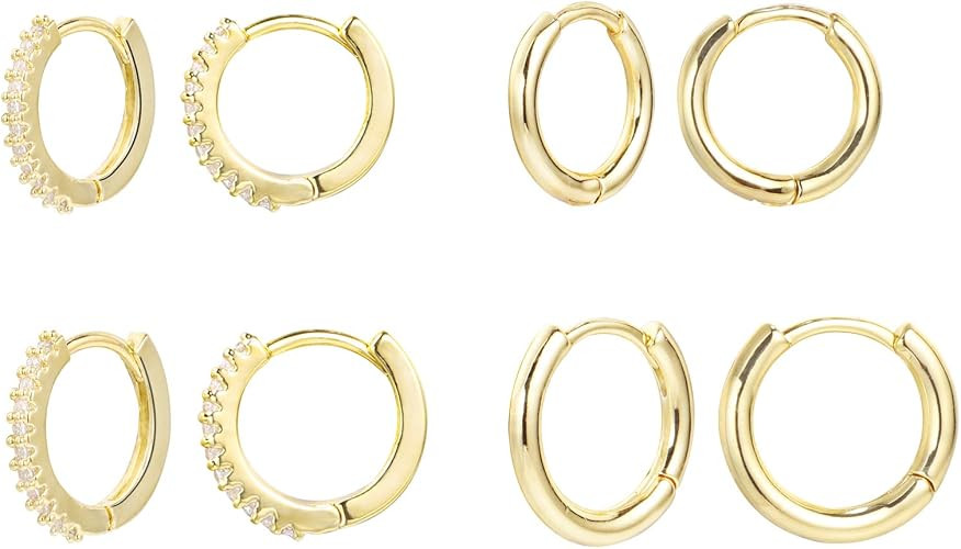 Small Hoop Earrings 14K Gold Plated Hypoallergenic Huggie Hoop Earrings with Cubic Zirconia for W... | Amazon (US)