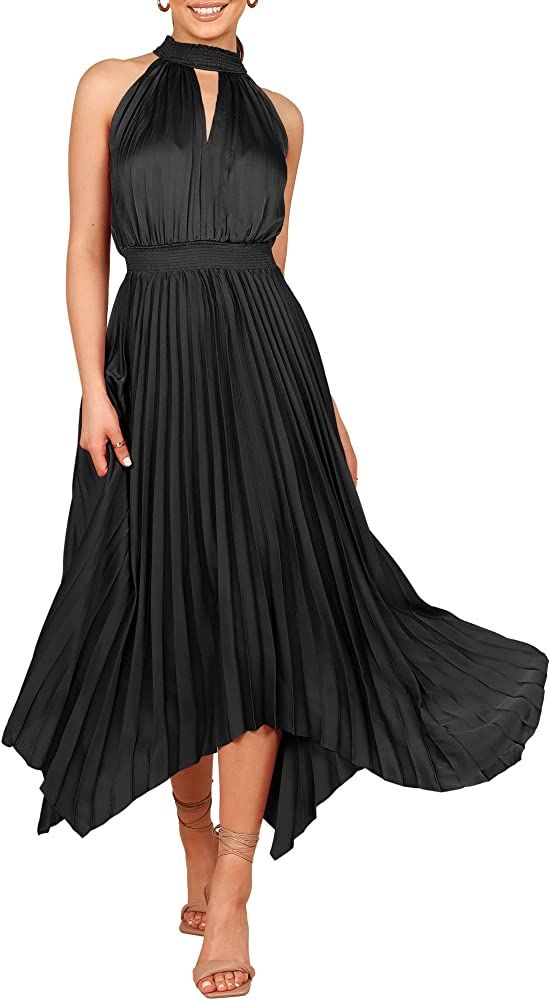 Amazon.com: ANRABESS Women's Sleeveless Cutout Halter Neck Satin Formal Dress Smocked Pleated Asy... | Amazon (US)