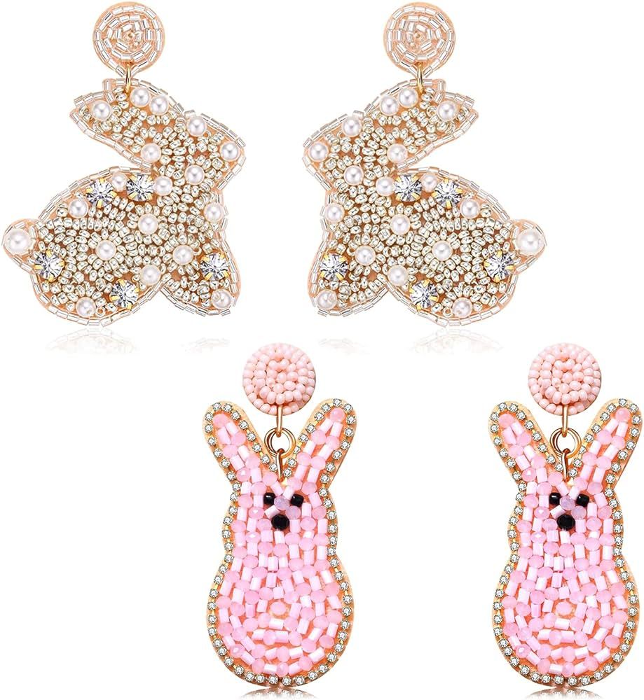 2 Pairs Easter Earrings for Women Beaded Easter Egg Bunny Earrings Letter HAPPY EASTER Earrings C... | Amazon (US)