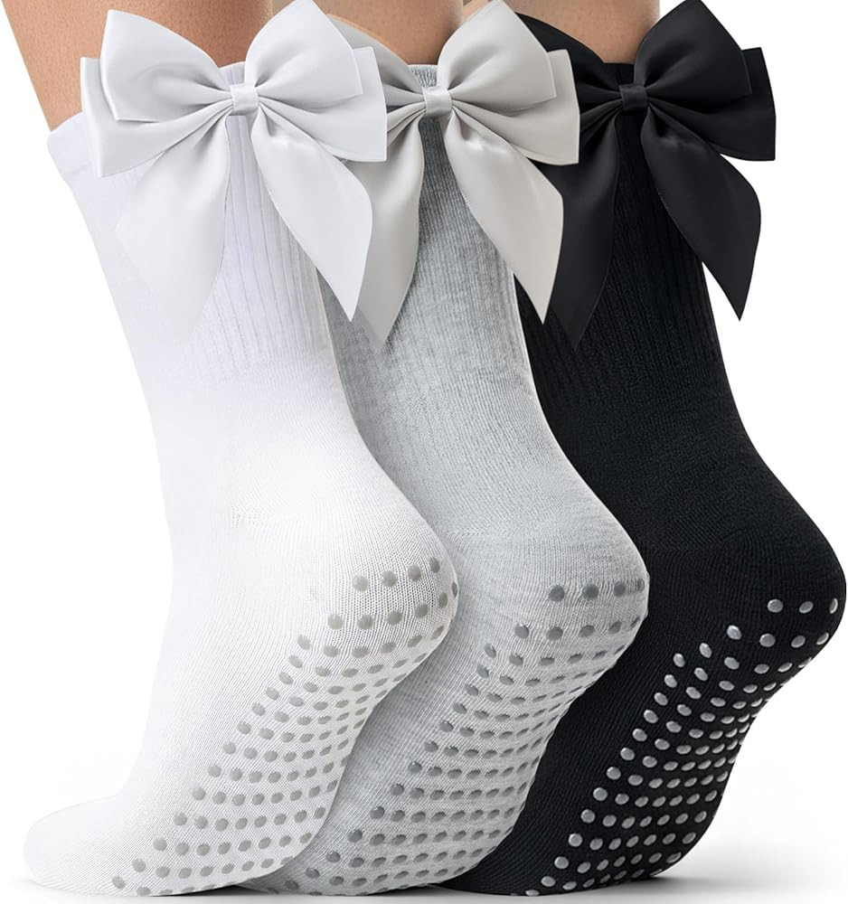 Cutecrop 3 Pairs Pilates Socks Non Slip Yoga Crew Sock Coquette Satin Bow Pilates Grip Socks for ... | Amazon (US)