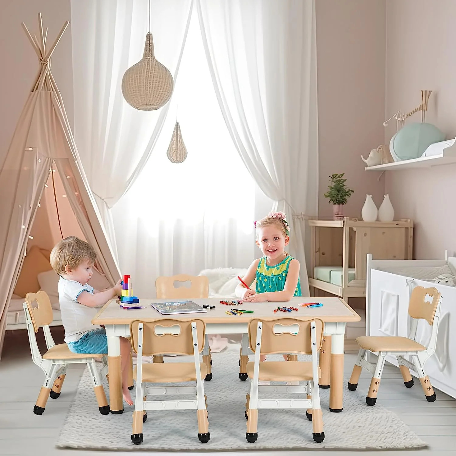 Arlopu Sturdy Kids Table and 6 Chairs Set, Height Adjustable Toddler Play Activity Table with Cha... | Walmart (US)