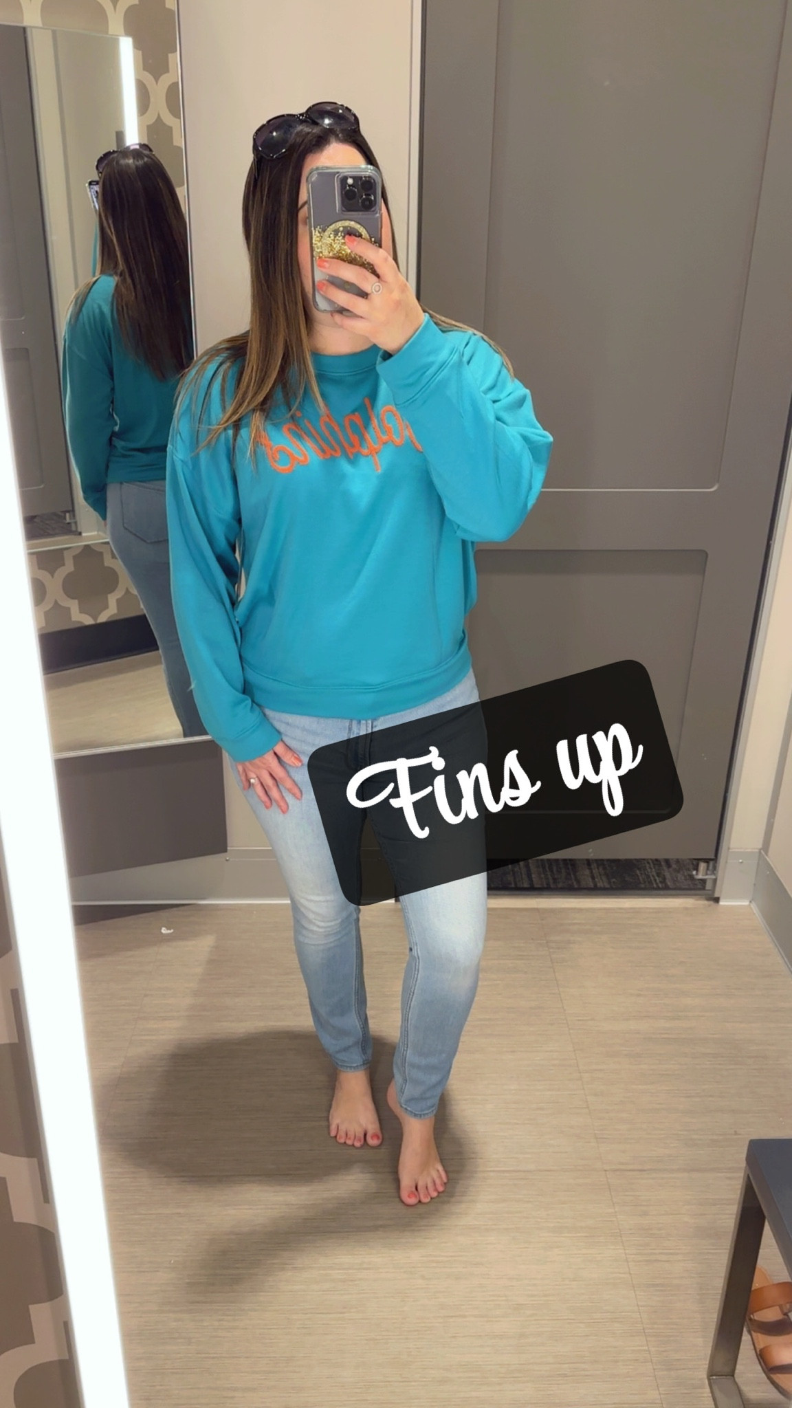 NFL Miami Dolphins Women’s Long Sleeve Crew Neck Fleece

Embroidered “Dolphins” in the center of chest. 

As this sweatshirt is belt length I sized up from a medium to a large to fit more comfortable rather than fitted. 

I can’t wait to wait this on Football Sunday! This would make a great gift this holiday season for any NFL Football fans. 

#LTKGiftGuide #LTKSeasonal #LTKMidsize