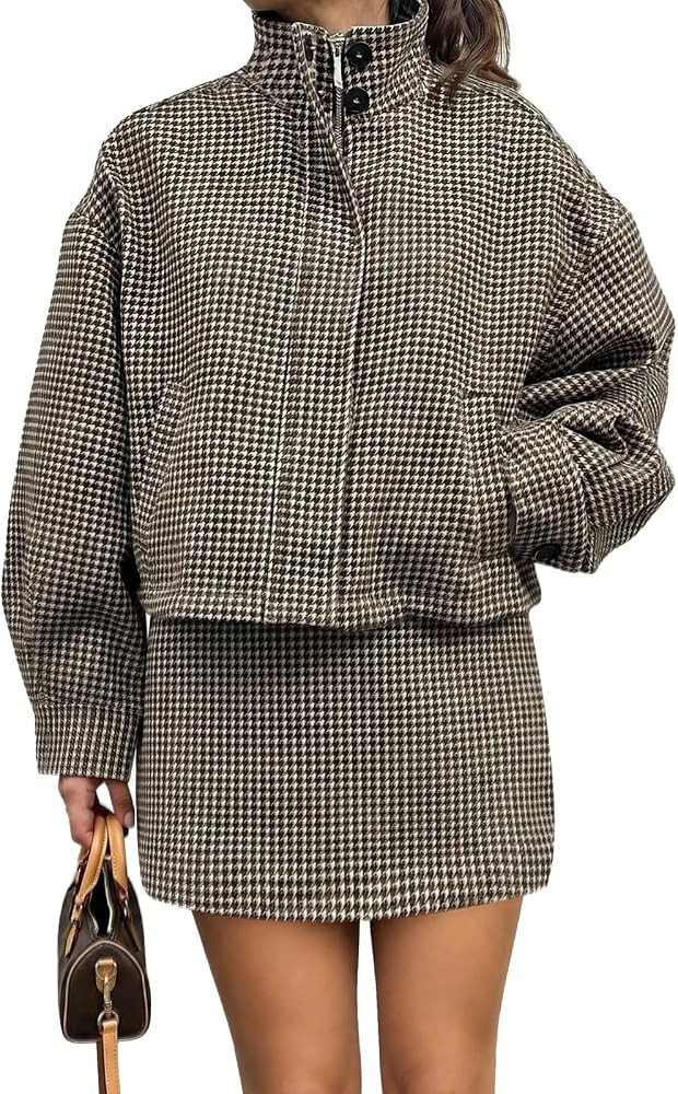Tankaneo Womens 2 Piece Skirt Sets Plaid Bomber Jackets and Mini Skirts | Amazon (US)