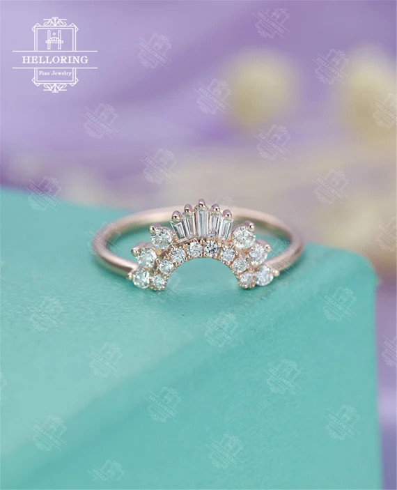 Diamond wedding band Women, Curved wedding band, Rose gold ,Vintage Baguette cut, Unique Bridal A... | Etsy (US)