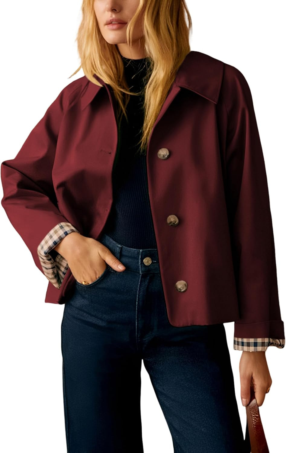 Dqbeng Womens Short Trench Jacket Plaid Lining Button Front Lightweight Classic Casual Outerwear with Pockets | Amazon (US)