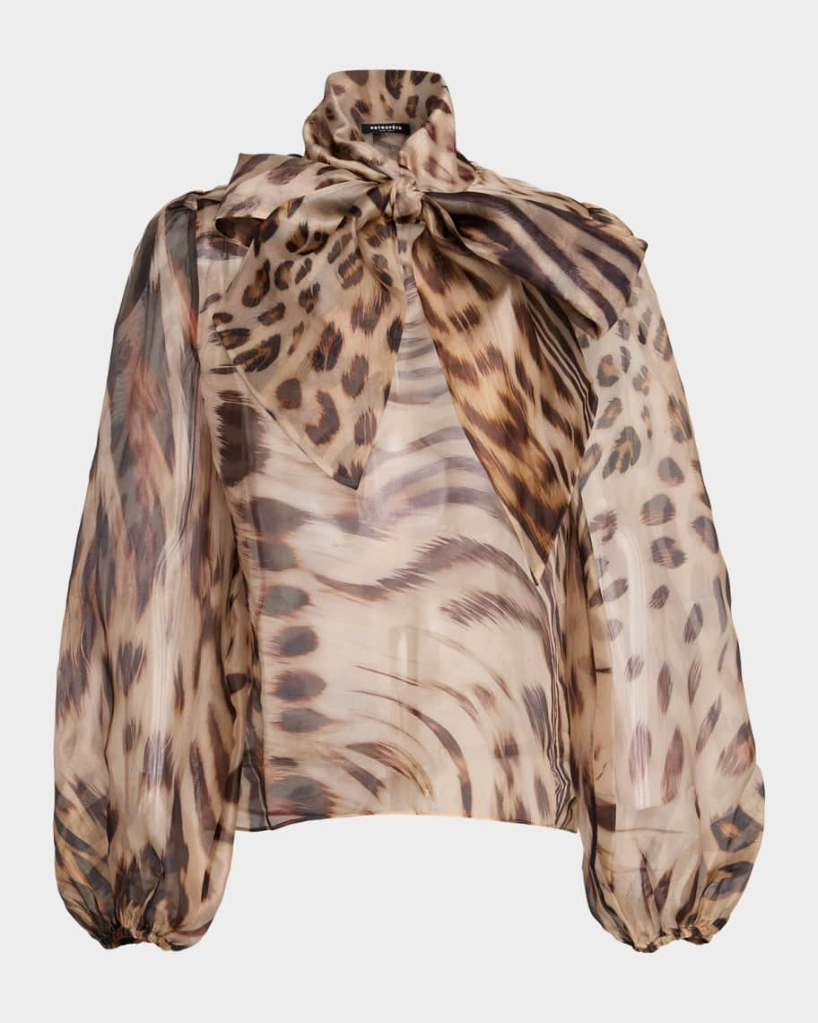Retrofete Peregrine Animal Print Silk Tie-Neck Blouse | Neiman Marcus