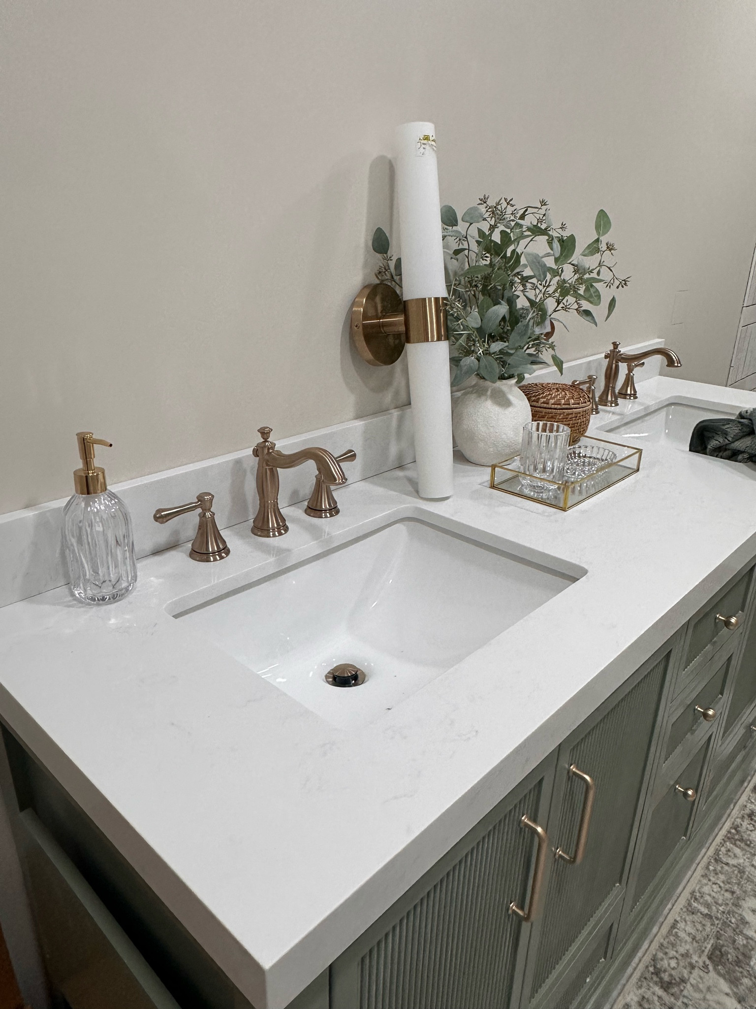 Almost done 
Bathroom inspo 
Kids bathroom 
Guest bath 
Sage green vanity 
Plant for bathroom 
Light sconce bathroom 
Cassidy delta 
Gender nuetral bathroom 