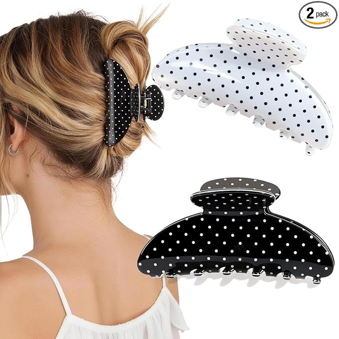 2 Pack Medium Hair Clips for Women, Strong Hold Recycled Plastic Claw Clips for Thick Hair Polka ... | Amazon (US)
