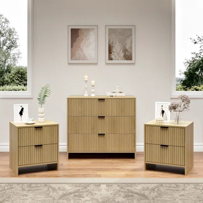 Fluted Dresser And Nightstand Sets, 3 Piece Bedroom Set, Modern Dresser & Chest Of Drawers With 3 Drawers, Set Of 2 Nightstands End Table, Natural Oak | Wayfair North America