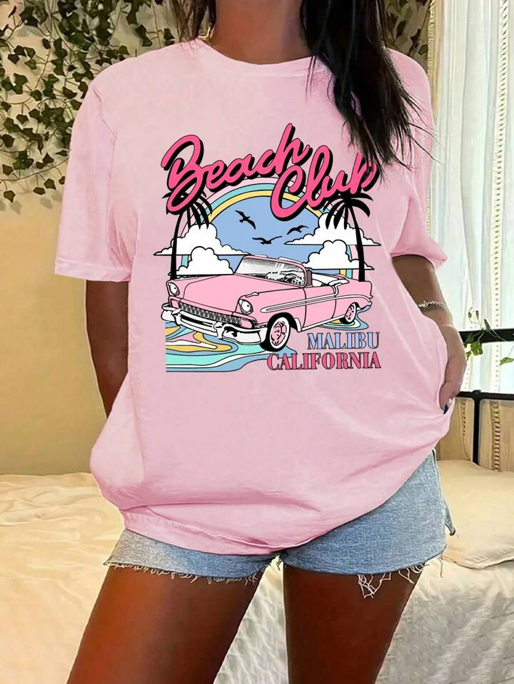 SHEIN Slayr Plus Size Women Summer Short Sleeve Casual T-Shirt With Letter And Car Print | SHEIN