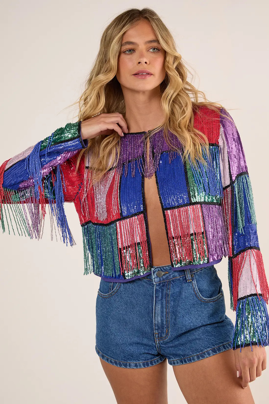 Colour Block Check Tassel Sequin Jacket | Nasty Gal US