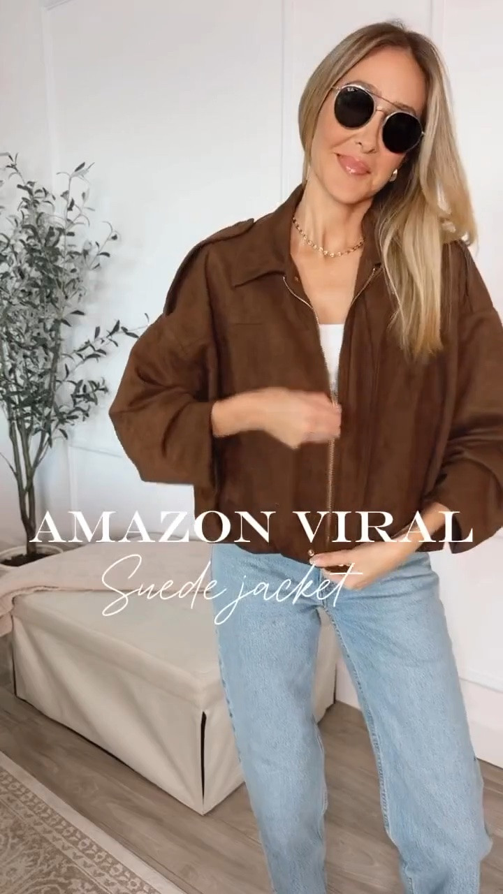 My color is the brown color .
Amazon viral suede bomber Jacket 
Gorgeous fitting and the quality is outstanding 
Runs tts, wearing a size small 
Denim run tts, wearing a size 27 
Long version 
Fall outfits women

#LTKU #LTKgrwm #LTKOver40