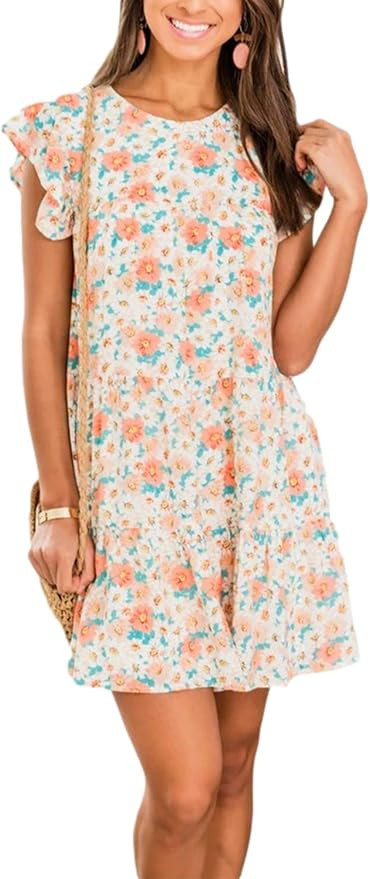 IHOT Women Casual Babydoll Ruffle Sleeve Crew Neck Loose Flowy Mini Tunic Short Dresses | Amazon (US)