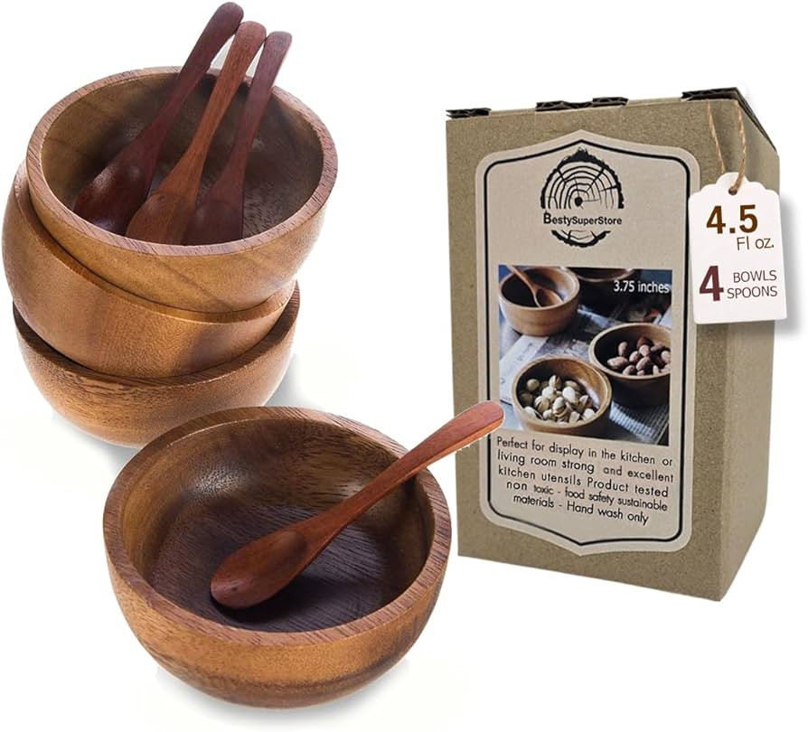 Set of 4 Small Round Acacia Wooden Bowls 3¾ Inch Diameter 1½" High With Spoons - Stackable Mixi... | Amazon (US)