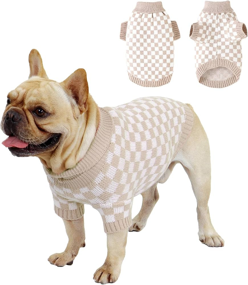 Plaid Dog Sweater for Small Dogs Pullover Turtleneck Knitted Cat Sweater Thick Warm Pet Clothes O... | Amazon (US)