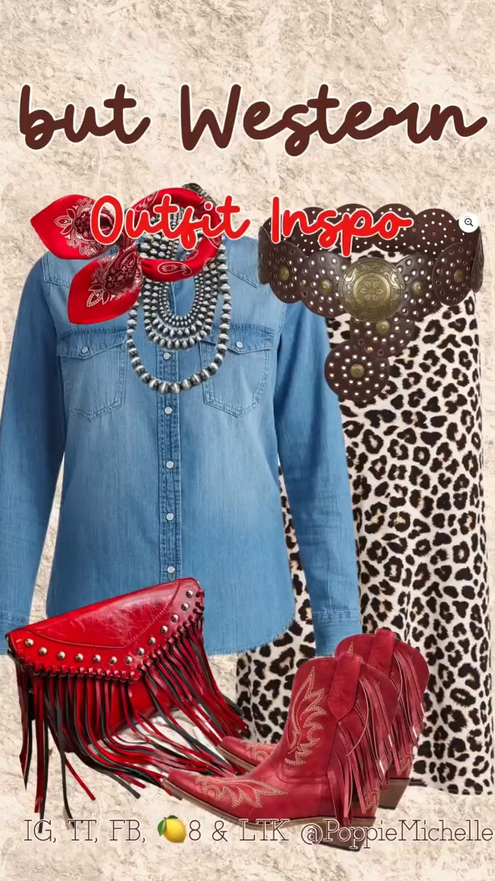 Rodeo Season is in full swing. You can’t ever go wrong with leopard print and a pop of red. Long sleeve denim shirt, red fringe cowboy booties, leopard print skirt and a leather concho belt. Absolutely timeless.

#denimshirt  #leopardprintskirt #westernstyle #rodeoseason #westernoutfits