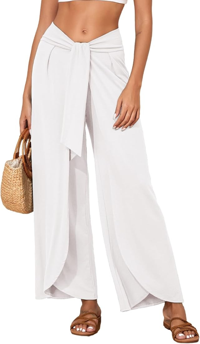 Herseas Womens Beach Pants Split Wide Leg Beach Cover Up Pants Palazzo Flowy Casual Lounge Pants | Amazon (US)