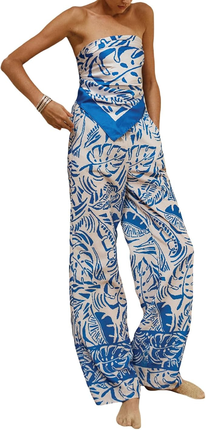 Women 2 Piece Tube Top Pants Set Satin Strapless Crop Top Wide Leg Pants Outfits Y2K Summer Suit | Amazon (US)