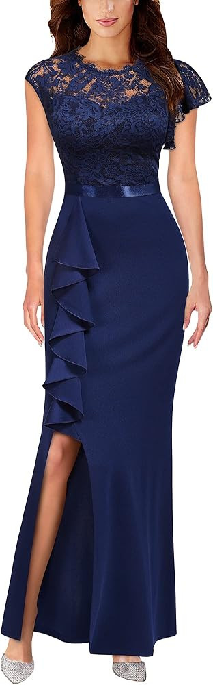 MISSMAY Women's Elegant Floral Lace Ruffle Design Bridesmaid Formal Maxi Dress | Amazon (US)