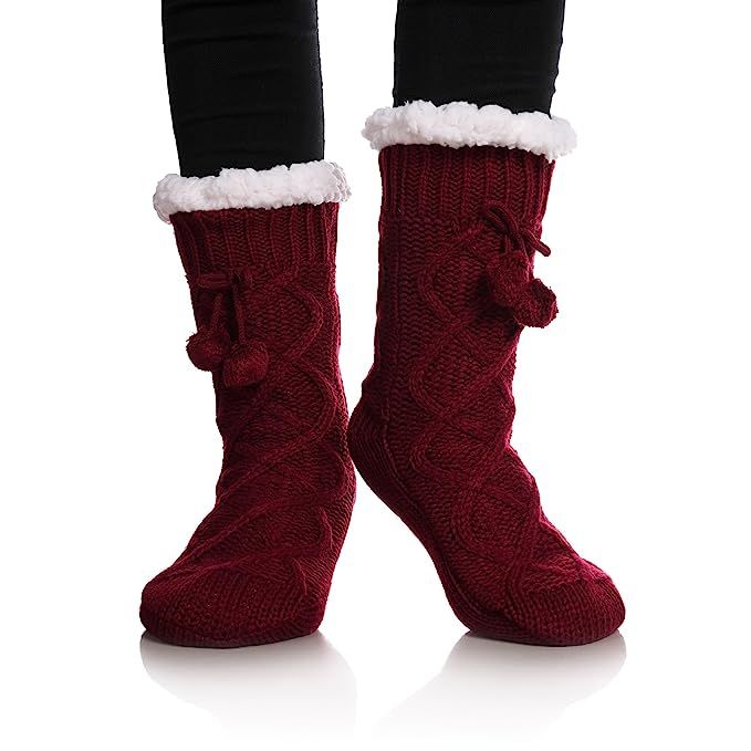 YEBING Women's Diamond Cable Knit Super Soft Warm Cozy Fuzzy Fleece-lined Winter Slipper Socks | Amazon (US)