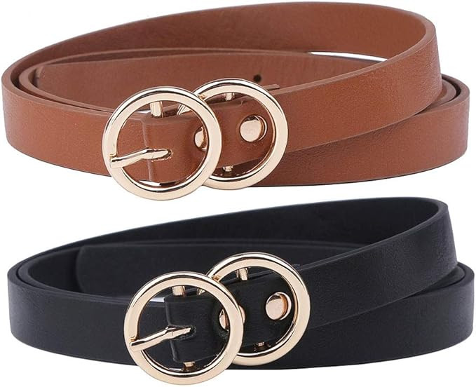 IFENDEI 2 Pack Women's Leather Belt with Double Circle Buckle, Skinny Waist Hip Jeans Belt in Bla... | Amazon (US)