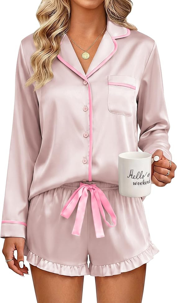 Ekouaer Womens Satin Pajamas Set 2 Piece Long Sleeve and Ruffle Shorts | Amazon (US)
