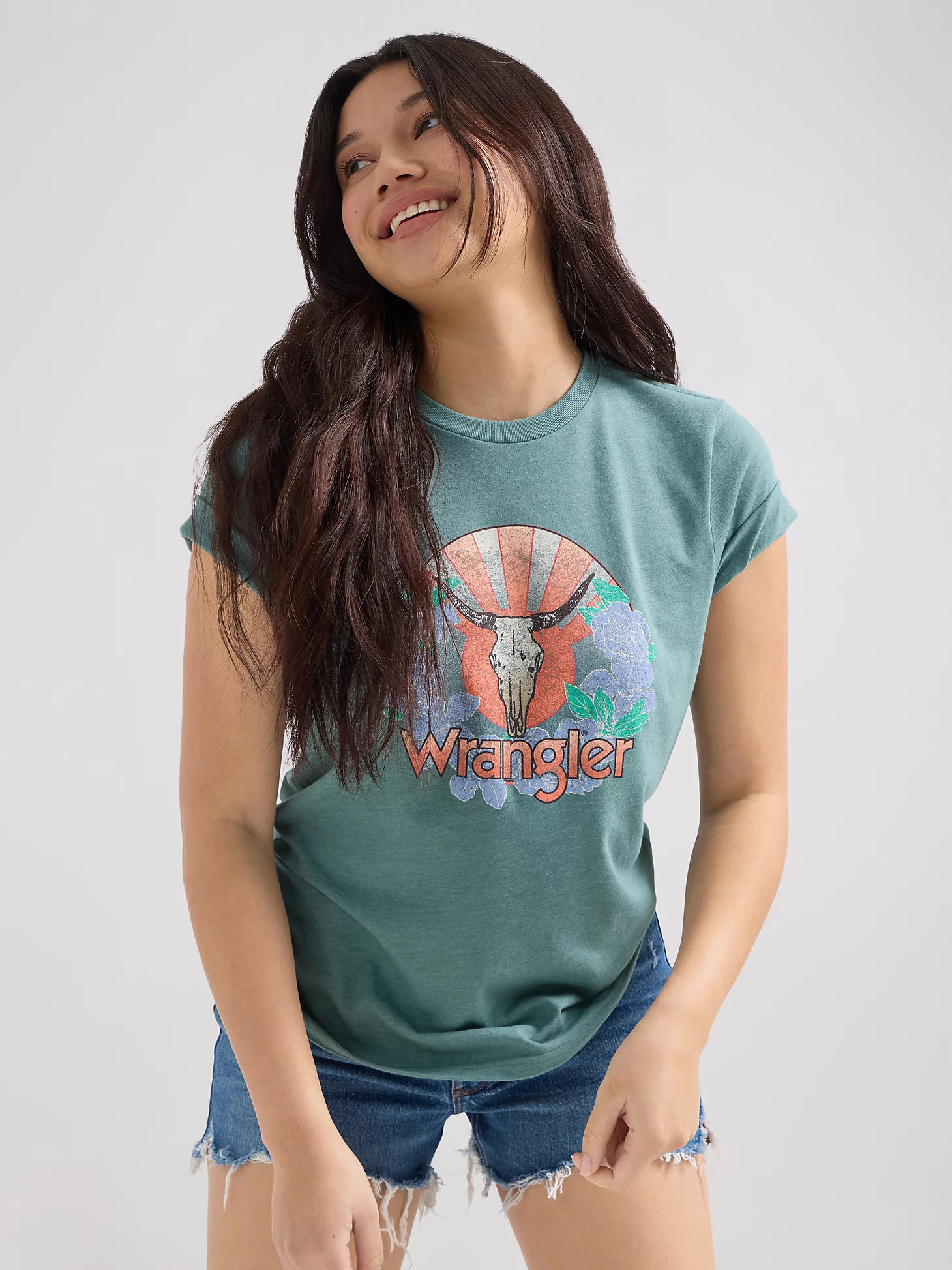 Women's Steer Skull & Flowers Tee in Sagebrush | Wrangler