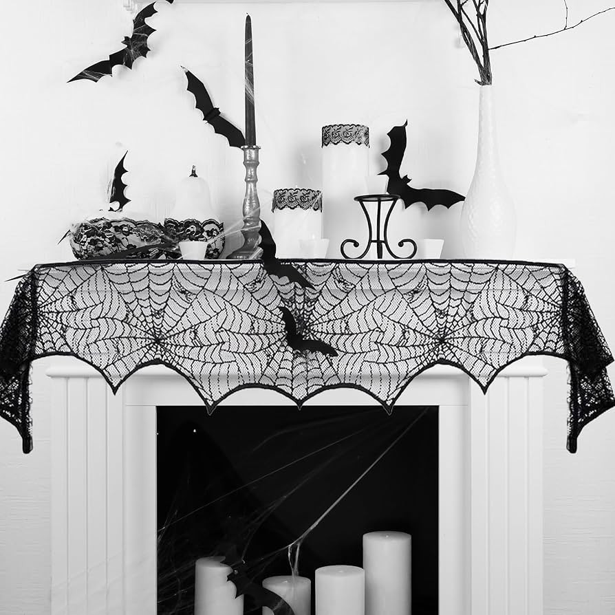 Halloween Mantel Scarf Black Lace Spiderweb for Fireplace Decor Halloween Decorations Indoor Fire... | Amazon (US)