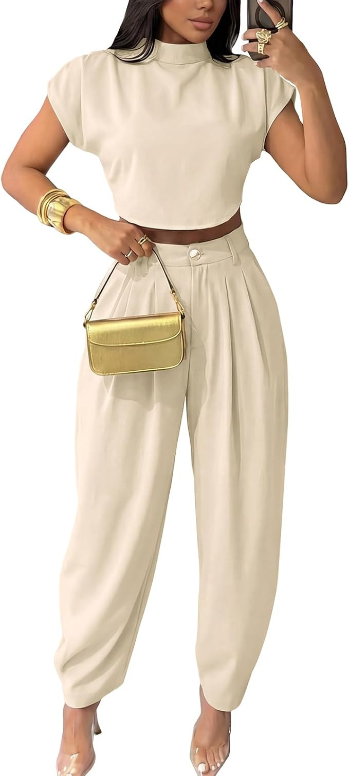 kaimimei 2 Piece Sets for Women Casual Mock Neck Cap Sleeve Crop Tops and Palazzo Pants Vacation ... | Amazon (US)