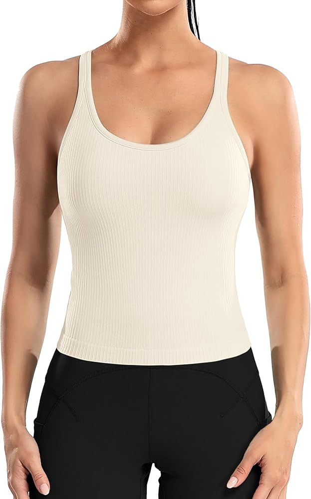 ATTRACO Women Ribbed Workout Crop Tops with Built in Bra Yoga Racerback Tank Top Tight Fit | Amazon (US)