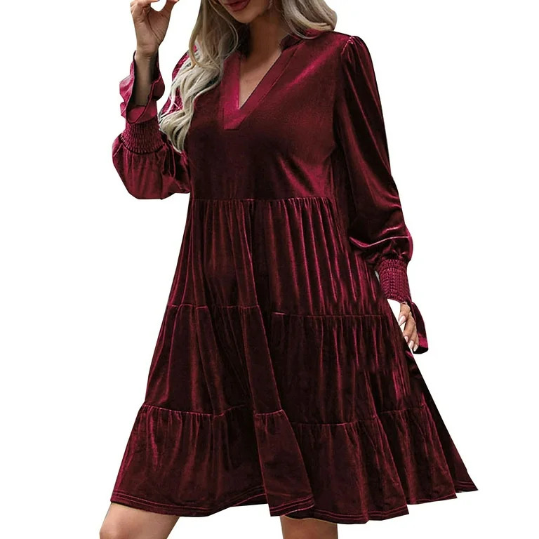 Diufon Womens Velvet Dresses Solid Color A-Line Dress V Neck Ruffle Long Sleeve Pleated Dress | Walmart (US)
