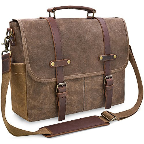 Mens Messenger Bag 15.6 Inch Waterproof Vintage Genuine Leather Waxed Canvas Briefcase Large Leather Computer Laptop Bag Rugged Satchel Shoulder Bag, Brown | Amazon (US)