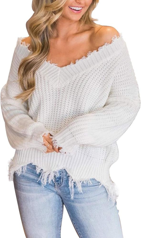 LEANI Women's Loose Knitted Sweater Long Sleeve V-Neck Ripped Pullover Sweaters Crop Top Knit Jum... | Amazon (US)
