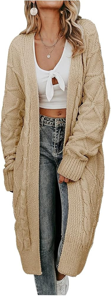 Aoysky Women's Open Front Cardigan Long Sleeve Cable Knit Sweater Coat Loose Chunky Outwear | Amazon (US)
