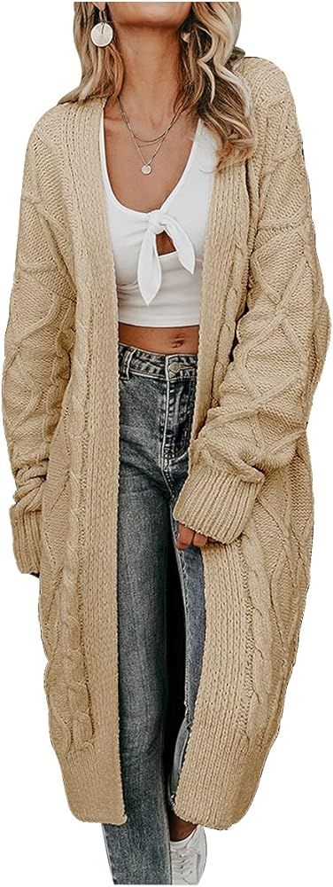 Aoysky Women's Open Front Cardigan Long Sleeve Cable Knit Sweater Coat Loose Chunky Outwear | Amazon (US)