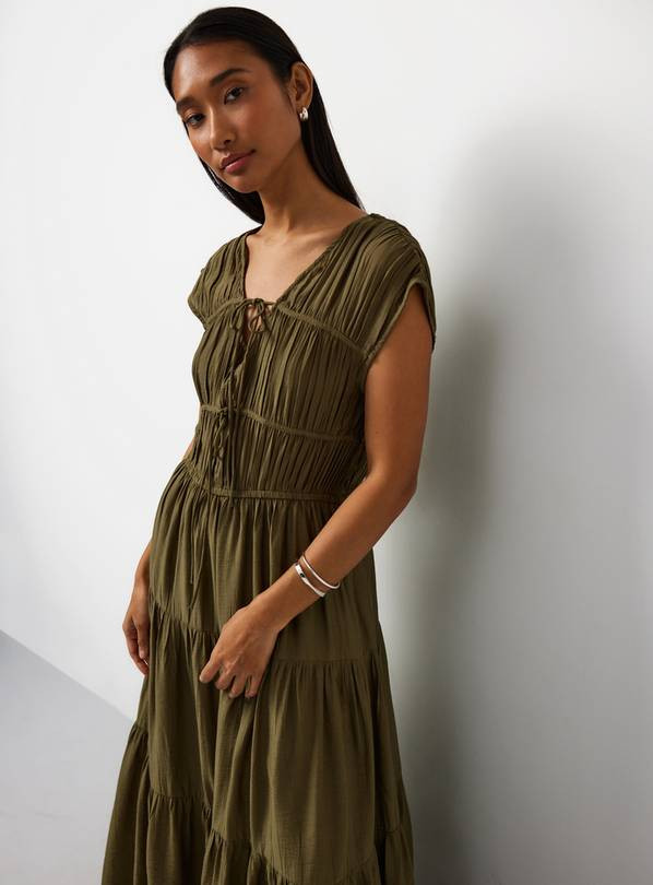 Buy Khaki Crinkle Texture Tiered Tie Front Midaxi Dress 20 | Midaxi | Tu | Tu Clothing