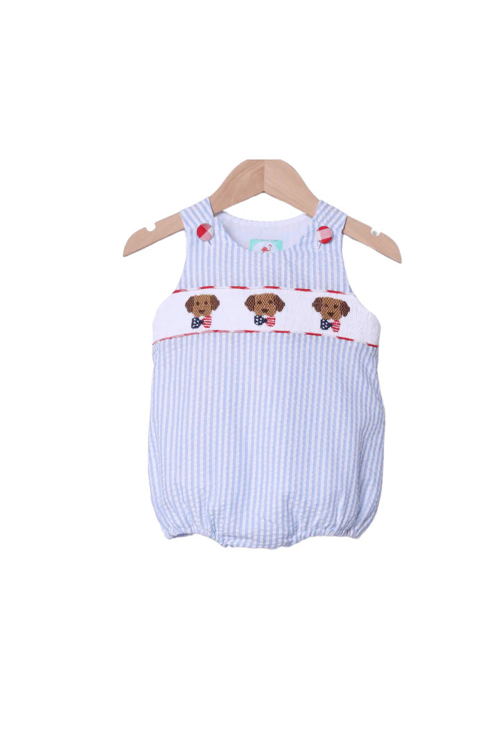 Smocked Blue Seersucker Patriotic Pup Bubble | The Smocked Flamingo