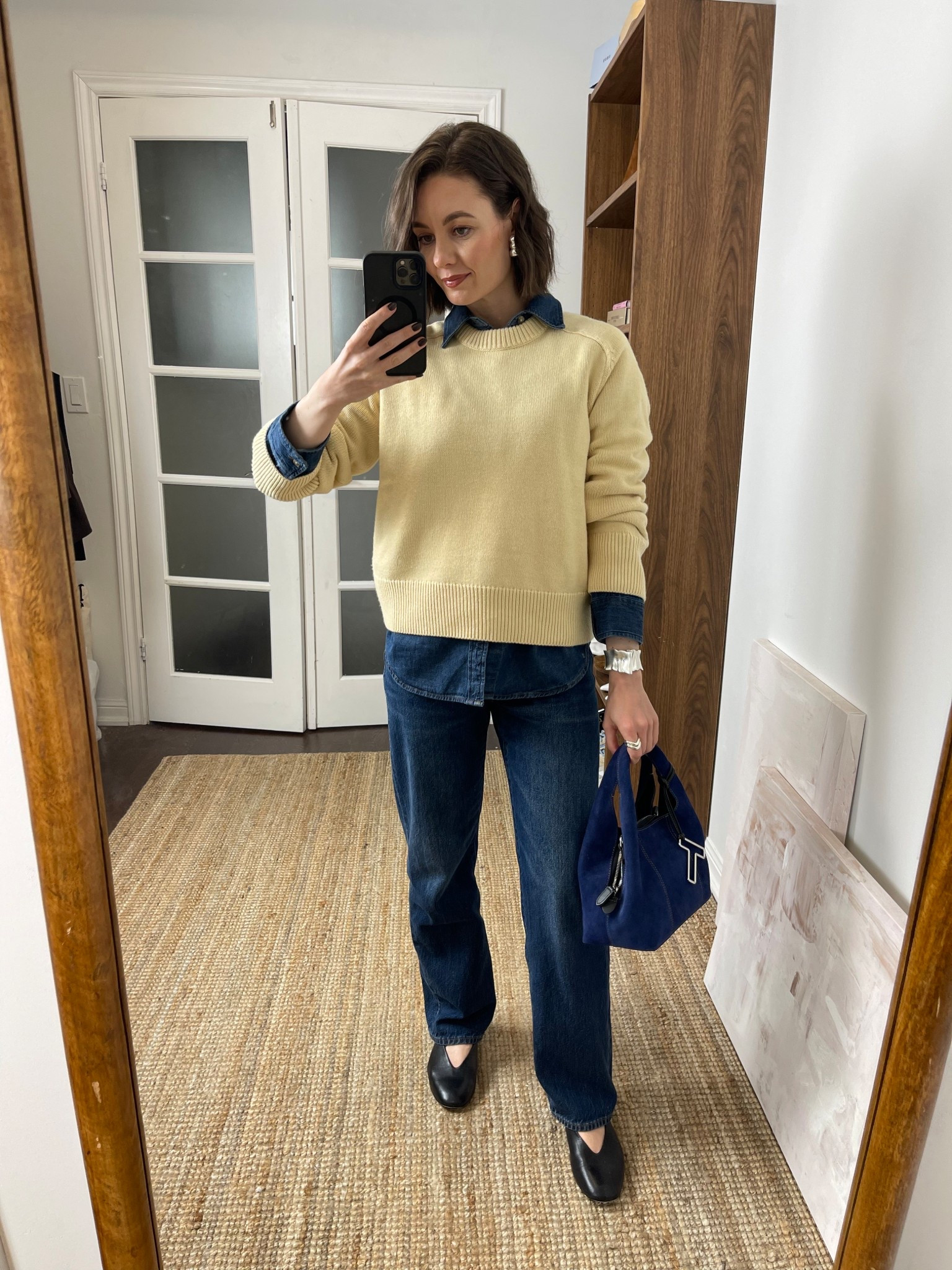 Denim shirt (xs), straight leg jeans, yellow sweater, suede bag, ballet flatss

#LTKFindsUnder100 #LTKStyleTip #LTKSeasonal