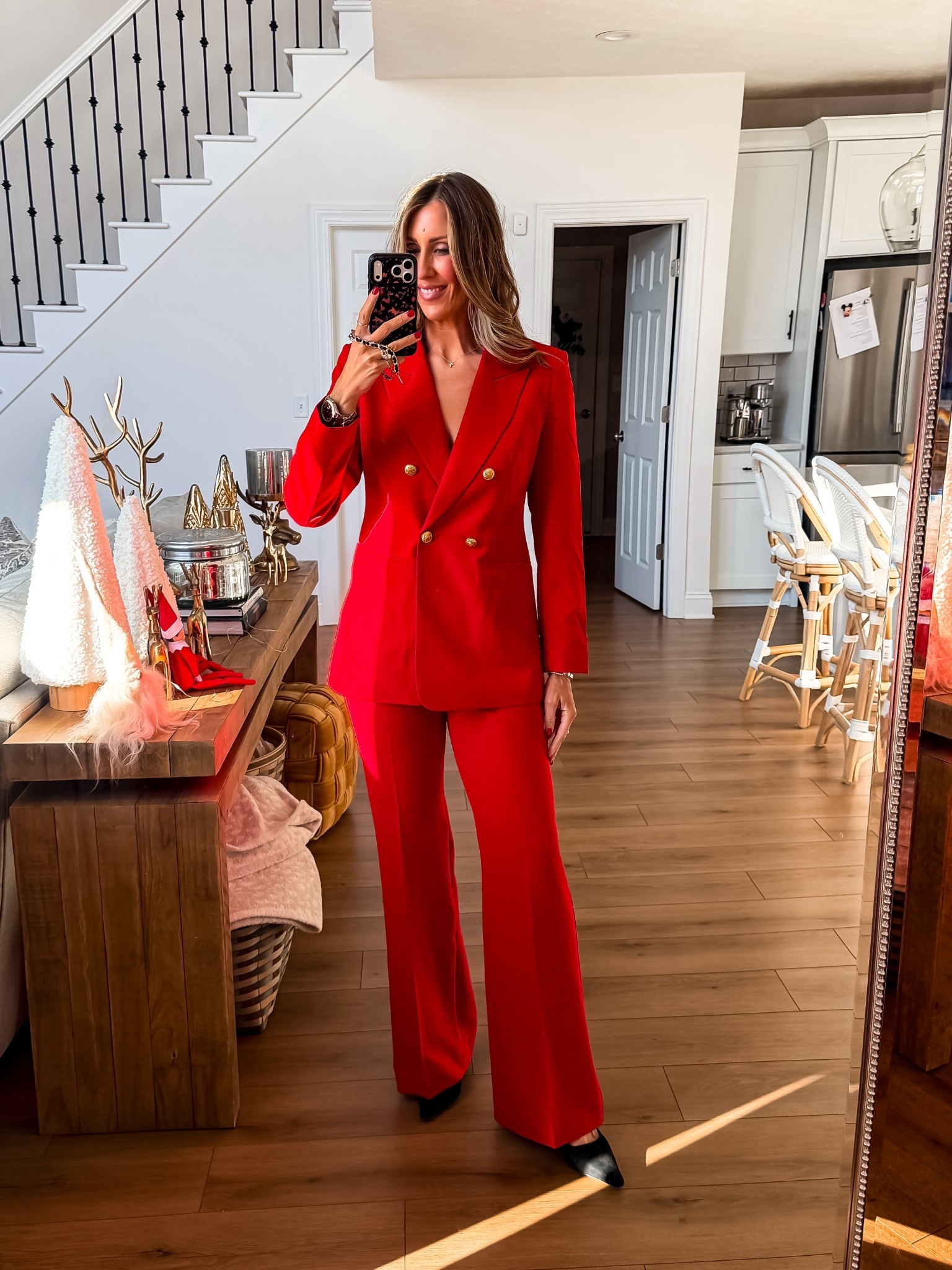 Red suit 
Size medium blazer and size
8 pants 

#LTKootd #LTKHoliday #LTKOver40