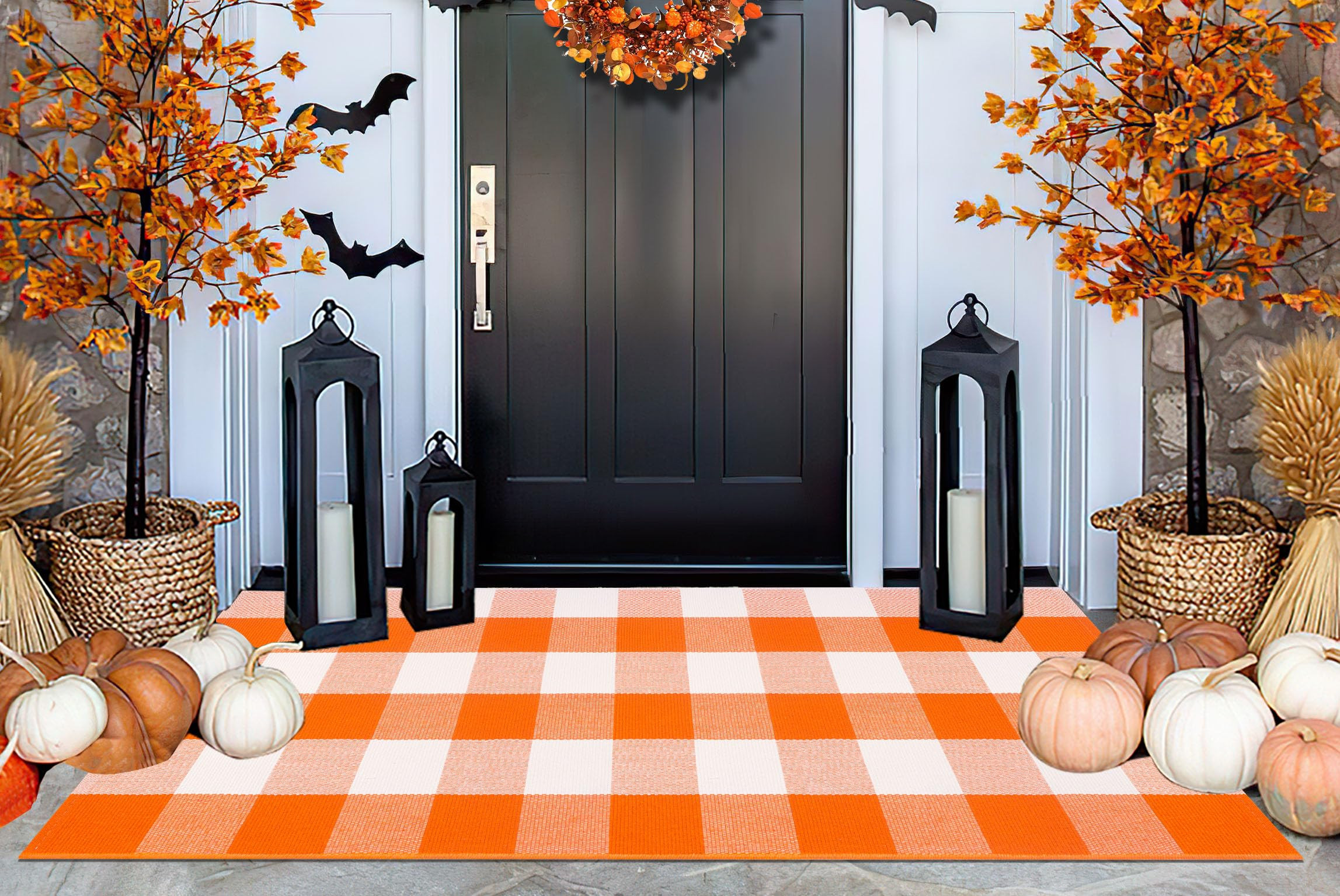 Fall Front Porch Rug 24''x51''Orange and White Outdoor Rug Cotton Washable Halloween Door Mat Out... | Amazon (US)