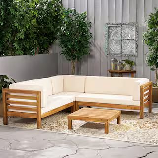 Noble House Oana Teak Brown Finish 4-Piece Wood Outdoor Sectional Set with Beige Cushions 55317 | The Home Depot